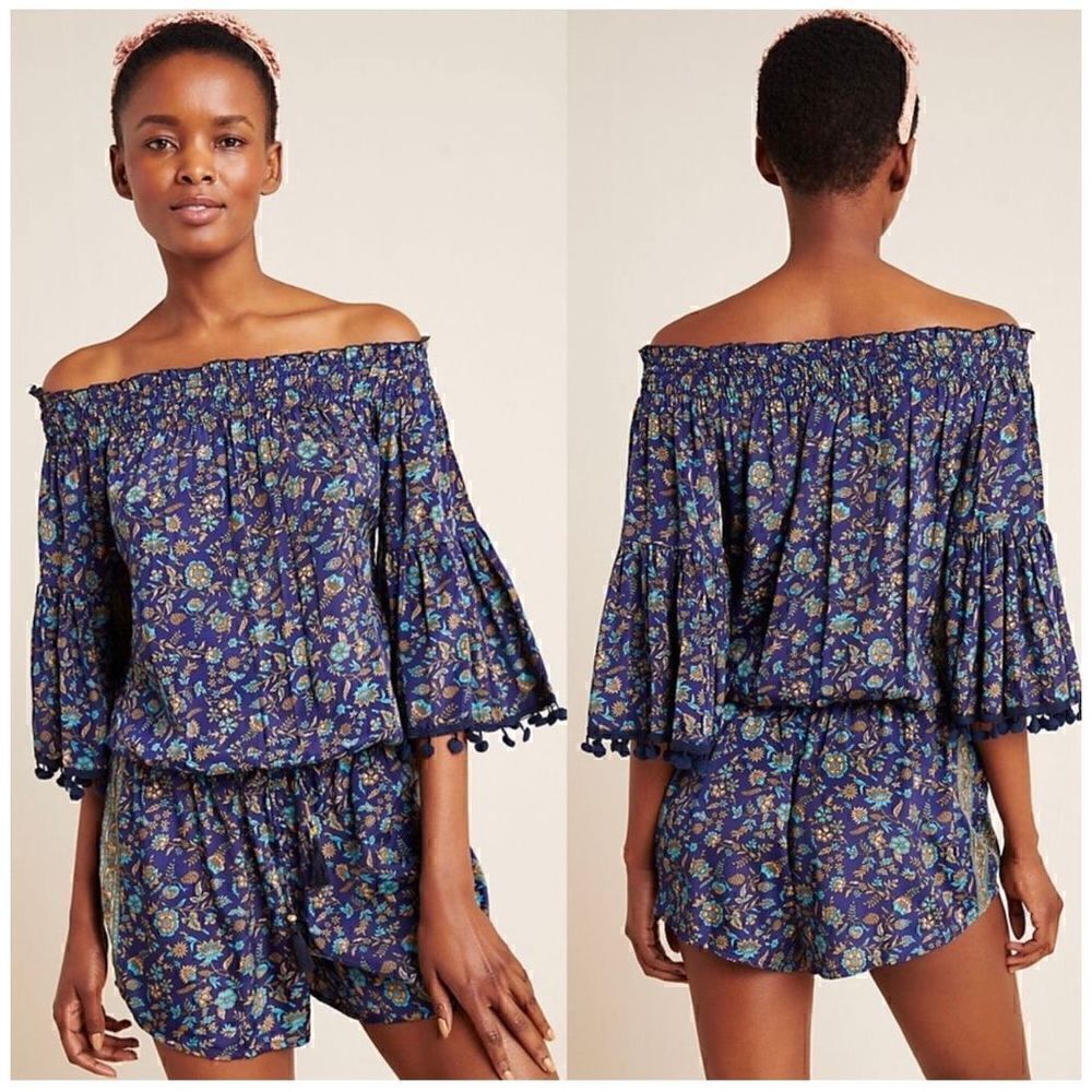 Anthropologie Raga Kassie Pom-Pom Floral Off the Shoulder Romper